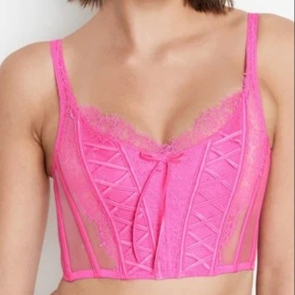NWT Victorias Secret Dream Angels Neon Pink‎ Lace Peony Corset Top S-DD Lingerie